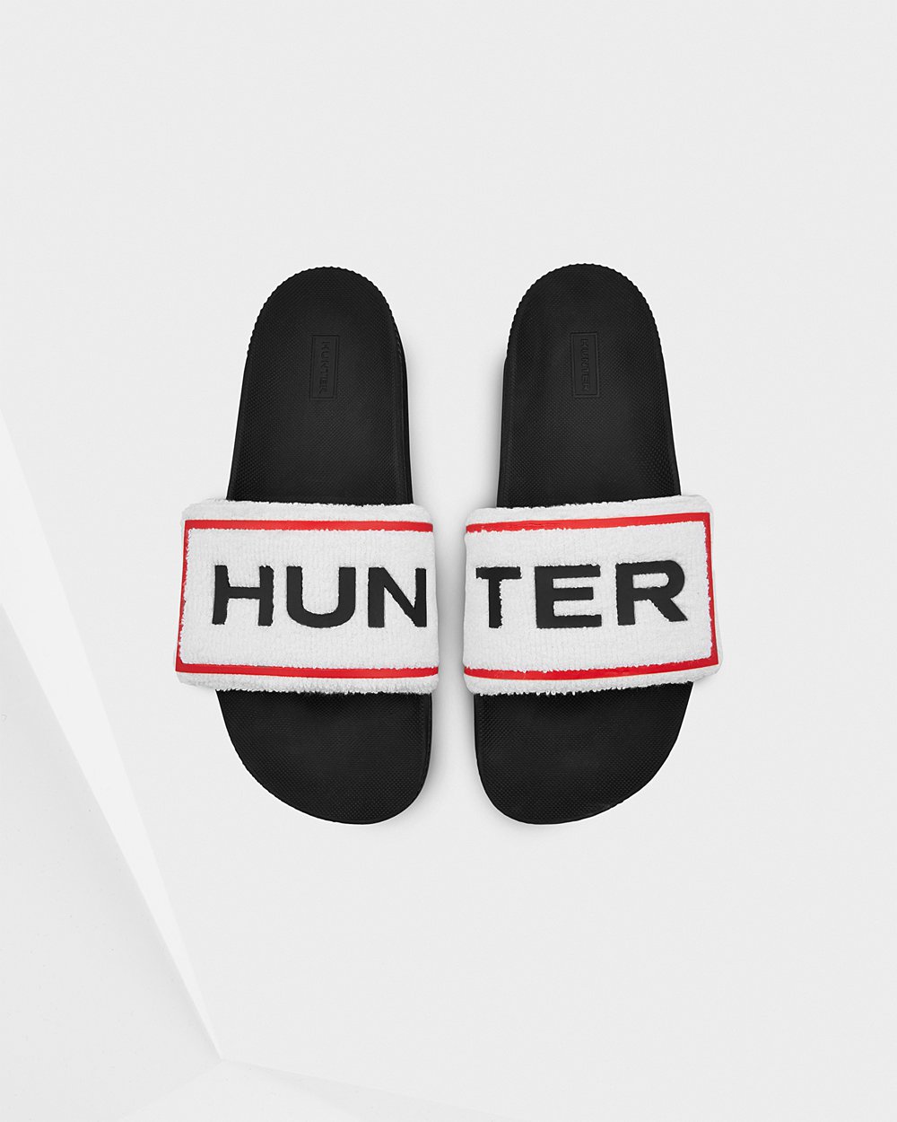 Mens Hunter Slides Black/White - Original Terry Towelling Logo Adjustable - 7214906-JM